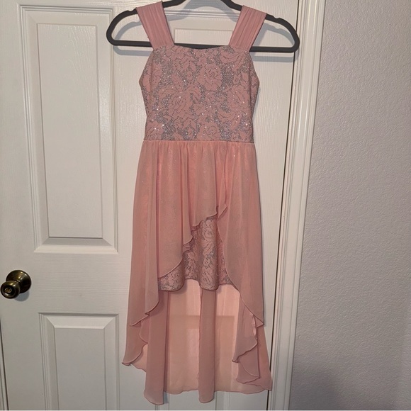 Elegant Lace Dress with chiffon train Coral/Silver 7 - Picture 1 of 9
